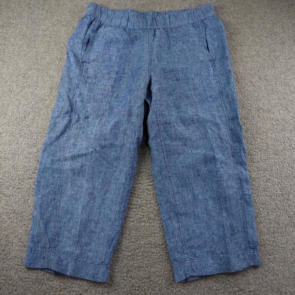 Pure Jill Linen Pants Sz Medium Petite Cropped High Waisted Waist Blue Stretch
